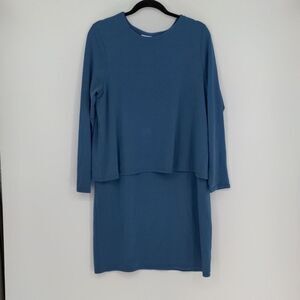 J Jill Pure‎ Luxe Tencel Long Sleeve Tiered Dress Size Medium Shift Blue Casual
